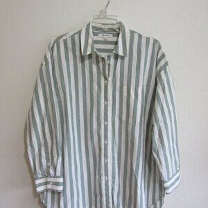 MADEWELL Green and White Vertical Stripe M Oversize Button-Dow Cotton Blouse